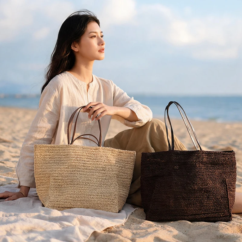 Handgewebte Stroh-Strandtasche, Große Kapazität Damen-Schultertasche, Leichte Vielseitige Sommer-Handtasche für Pendeln und Reisen, Khaki – Detail 4