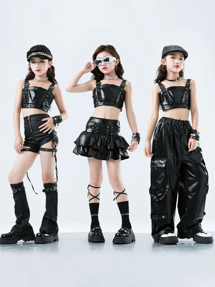 Dziecięca odzież Kpop Hip Hop Czarna Krótka Koszulka Tank Top ze Sztucznej Skóry Warstwowa Spódnica Spodnie Cargo Szorty na Ramiączkach dla Dziewczynki Kostium do Tańca Ubrania
