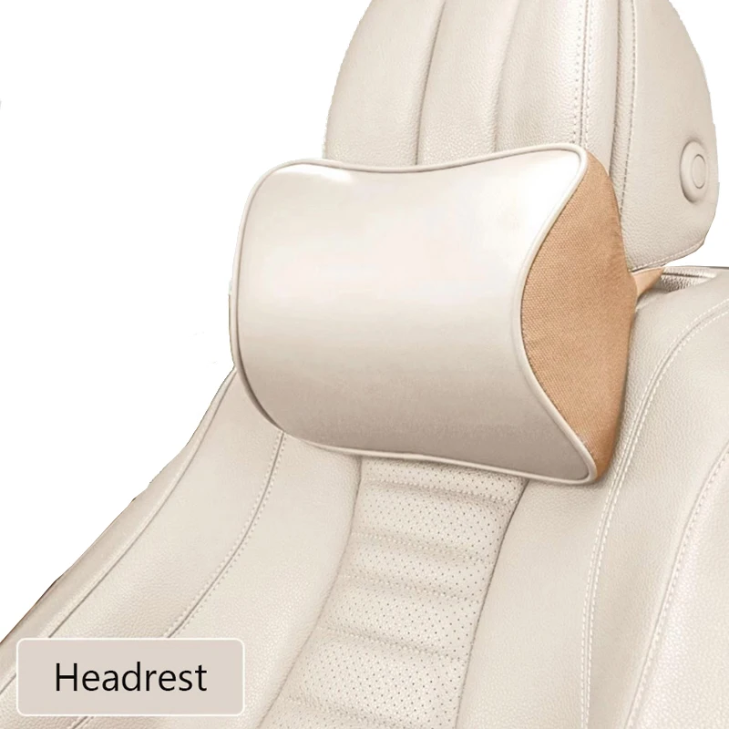 

Luxury NAPPA Leather Car Neck Pillow Set Memory Foam, For Tesla Auto Rear Seat Back Headrest Lumbar Supports Travel Cushion