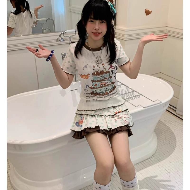 Japanese Design Brown Green Polka Dot Color Block Women's Cake Skirt New Sweet Cute Age-Reducing High Waist Mini Skirts Ladies