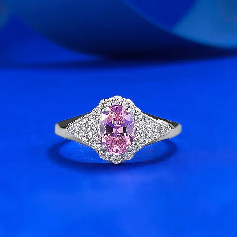 Nuovo anello in argento S925 con diamante rosa, set di anelli con diamanti di simulazione con anello da donna con diamante rosa 5 * 7 mm