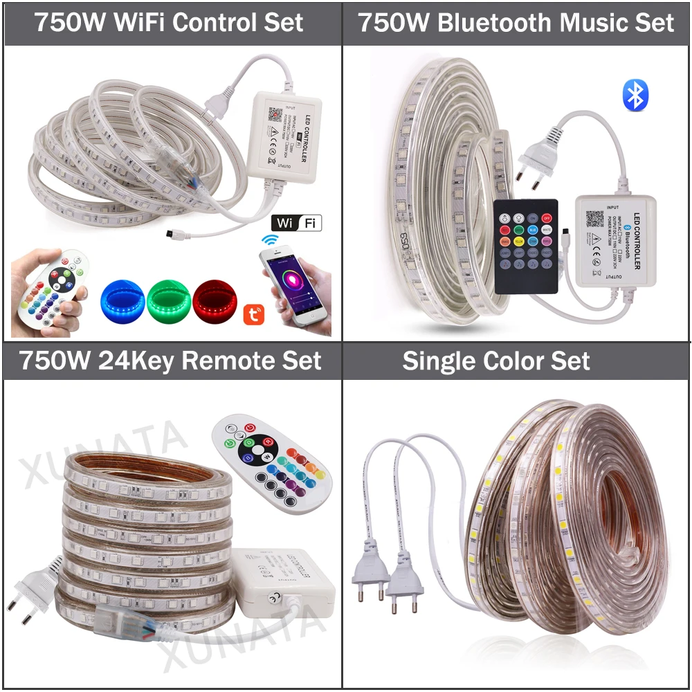 RGB LED Strip Light AC220V SMD5050 Flexible Waterproof LED Tape 60LEDs/m WiFi Bluetooth Control Ribbon for Home Holiday Decor EU