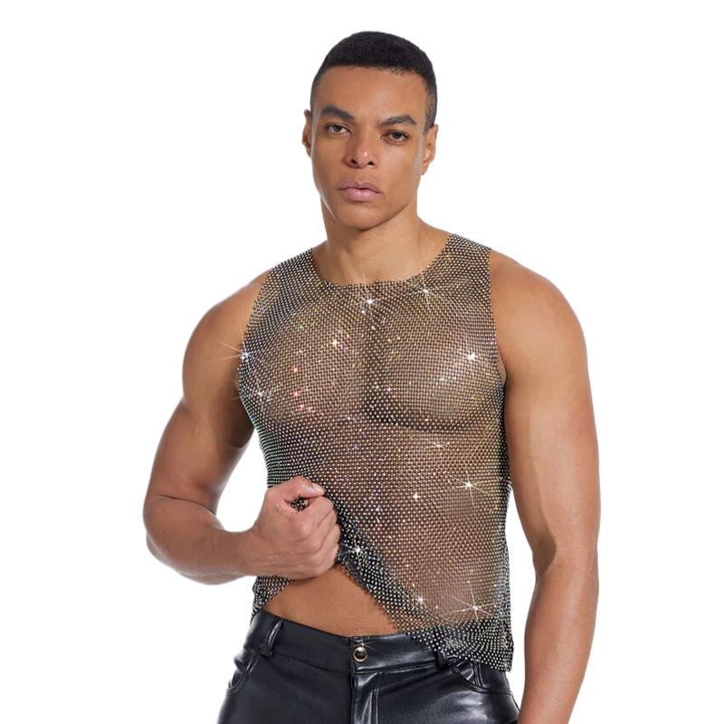 Herren-Tanktop mit glitzerndem Strass-Mesh, durchsichtig, ärmellos, Clubwear, Party-Weste, Herren-T-Shirts und Tanktops, майка мужская – Detail 1