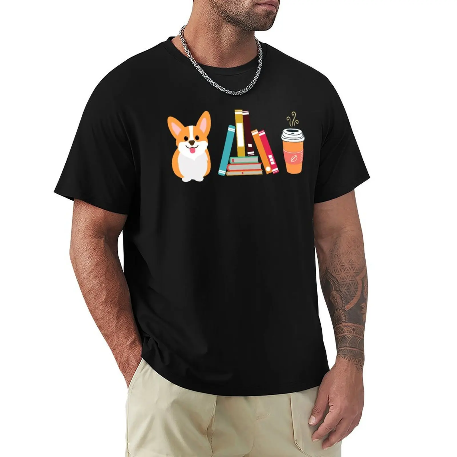 Corgi, Books and Coffee - symbols no words. T-Shirt Casual Light Summer Short Sleeve Top