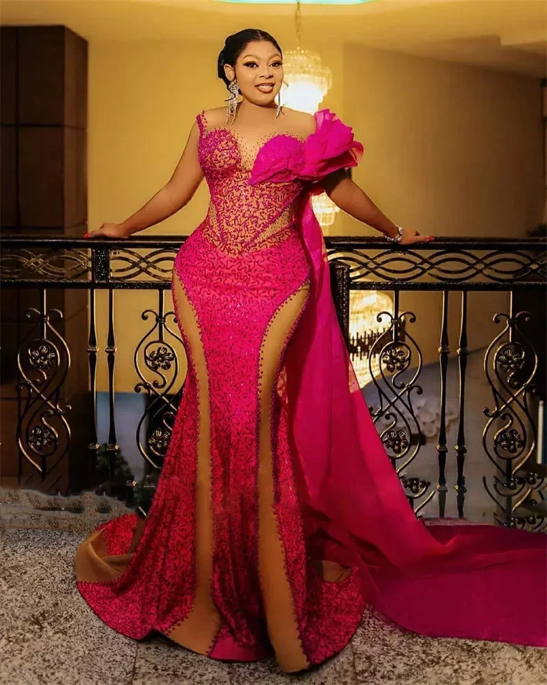 Pretty Hot Pink Aso Ebi Style Wedding Party Gown Plus SizeTrimmed African Nigerian Prom Dress Beaded Lace Formal Occasion Dress