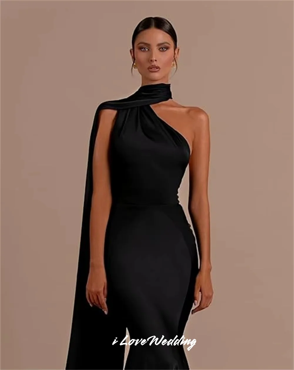 Black One Shoulder Evening Dresses 2025 Satin Sleeveless Mermaid Long Scarf Backless Sweep Train Wedding Party Dress Customized