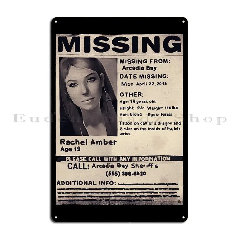 Missing Rachel Amber Metal Sign Poster Pub Design Wall Mural Cave Retro Tin Sign Poster