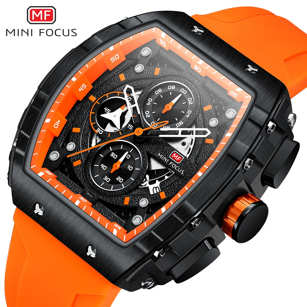 MINI FOKUS Chronograph Quarz Uhr für Männer Tonneau Zifferblatt Militär Sport Armbanduhr Männlichen mit Orange Silikon Riemen Auto Datum