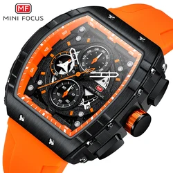 MINI FOCUS Chronograph Quartz Watch for Men Tonneau Dial Military Sport Wristwatch Male with Orange Silicone Strap Auto Date