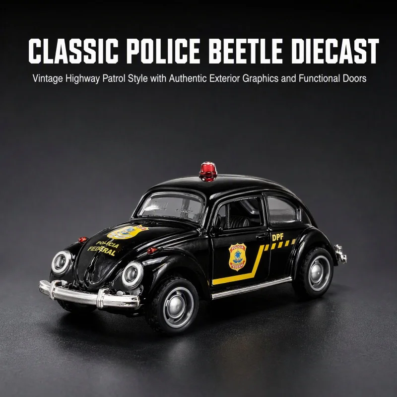 Classic Beetle Police Diecast Car Model, Openable Doors Pull Back Metal Vehicle, Desktop Collectible Ornament