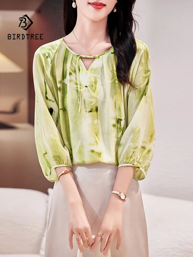 

BirdTree, 100%Real Silk Elegant Shirt, Women Long Sleeve Tassel Printed, Fashion Commute OL Tops, 2024 Summer Autumn T46426QC