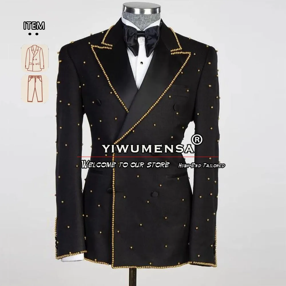 

Black Suits For Men Wedding Gold Pearls Blazer Pants 2 Pieces Formal Groom Wear Tuxedo Plus Size Doubel Breasted Male Clothing