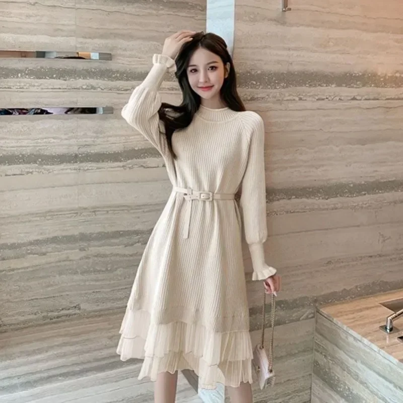 Crochet Dresses for Women Chic and Elegant Pretty Korean Style Woman Knitted Dress A Line Thic Long Sleeve Luxury Trendy Elastic