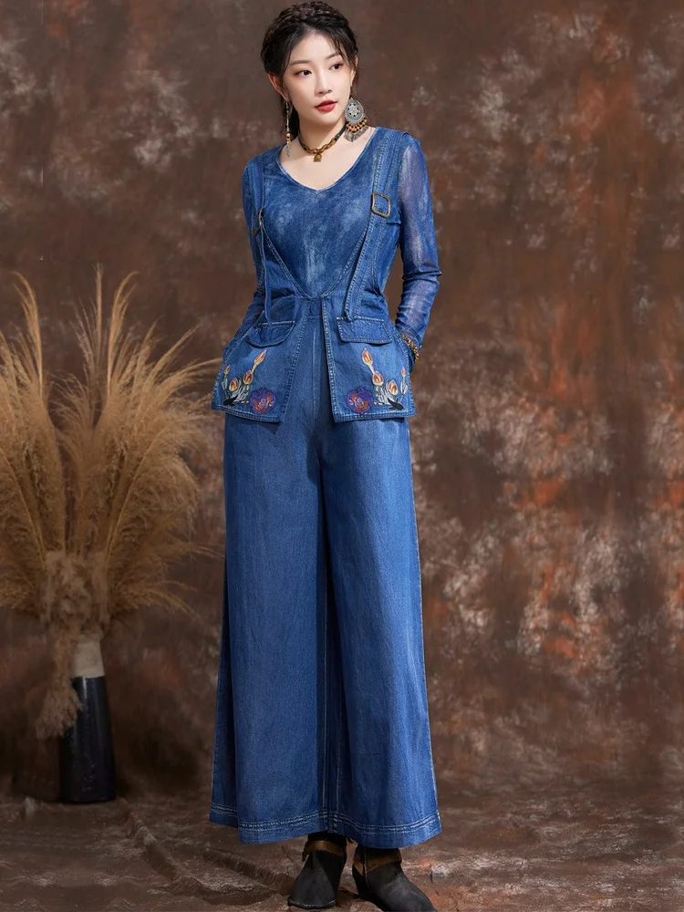 

Retro Embroidered Ethnic Style Overalls Loose Wide Leg Pants Versatile Casual Denim High Waist Zipper Closure Cotton Blend