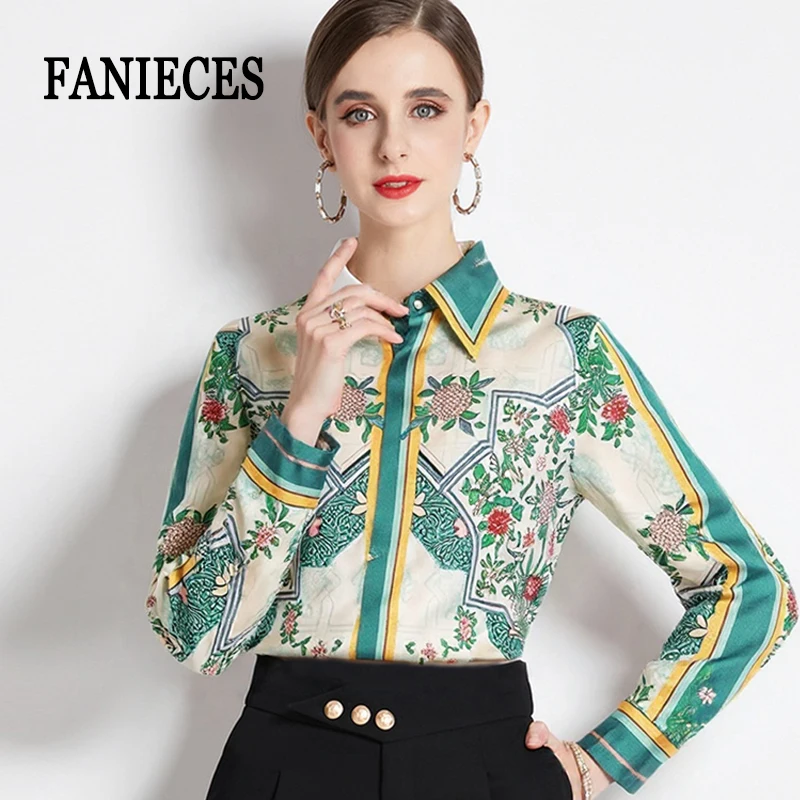 

Luxury Women Satin Shirt Vintage Print High Quality Trend Runway Shirt Summer Long Sleeve Office Lady Work Shirt Blusas De Mujer