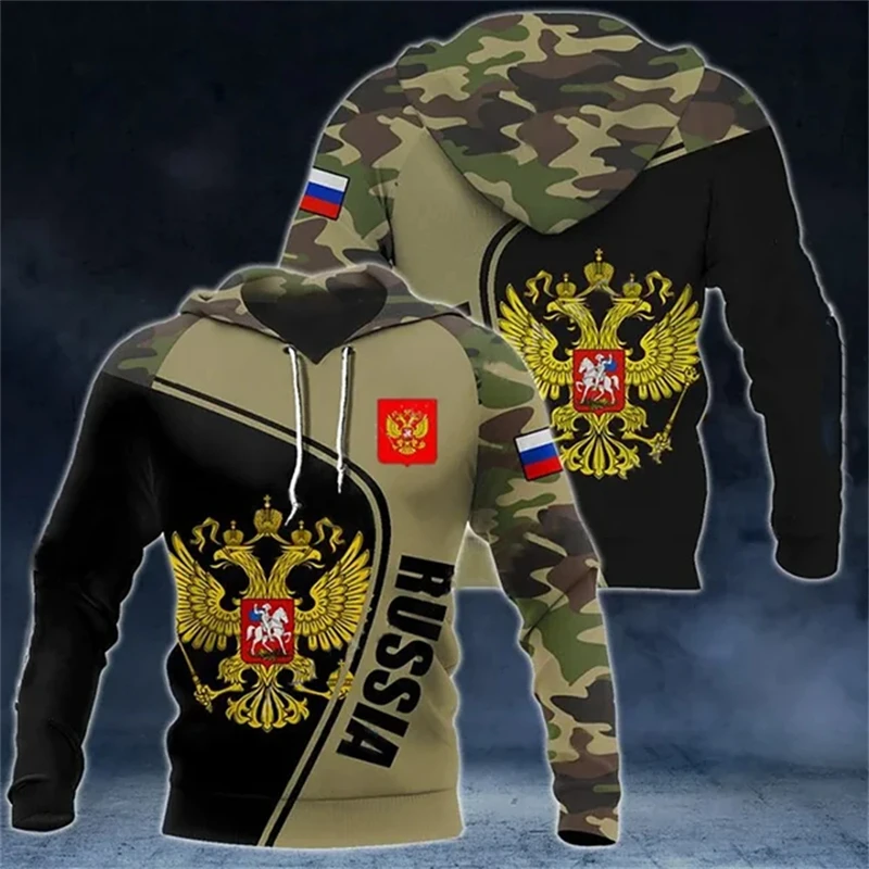 Camuflagem russa masculina com capuz 3D estampado, emblema nacional, Camo Graphic Sweatshirts, pulôveres esportivos casuais, fato de treino