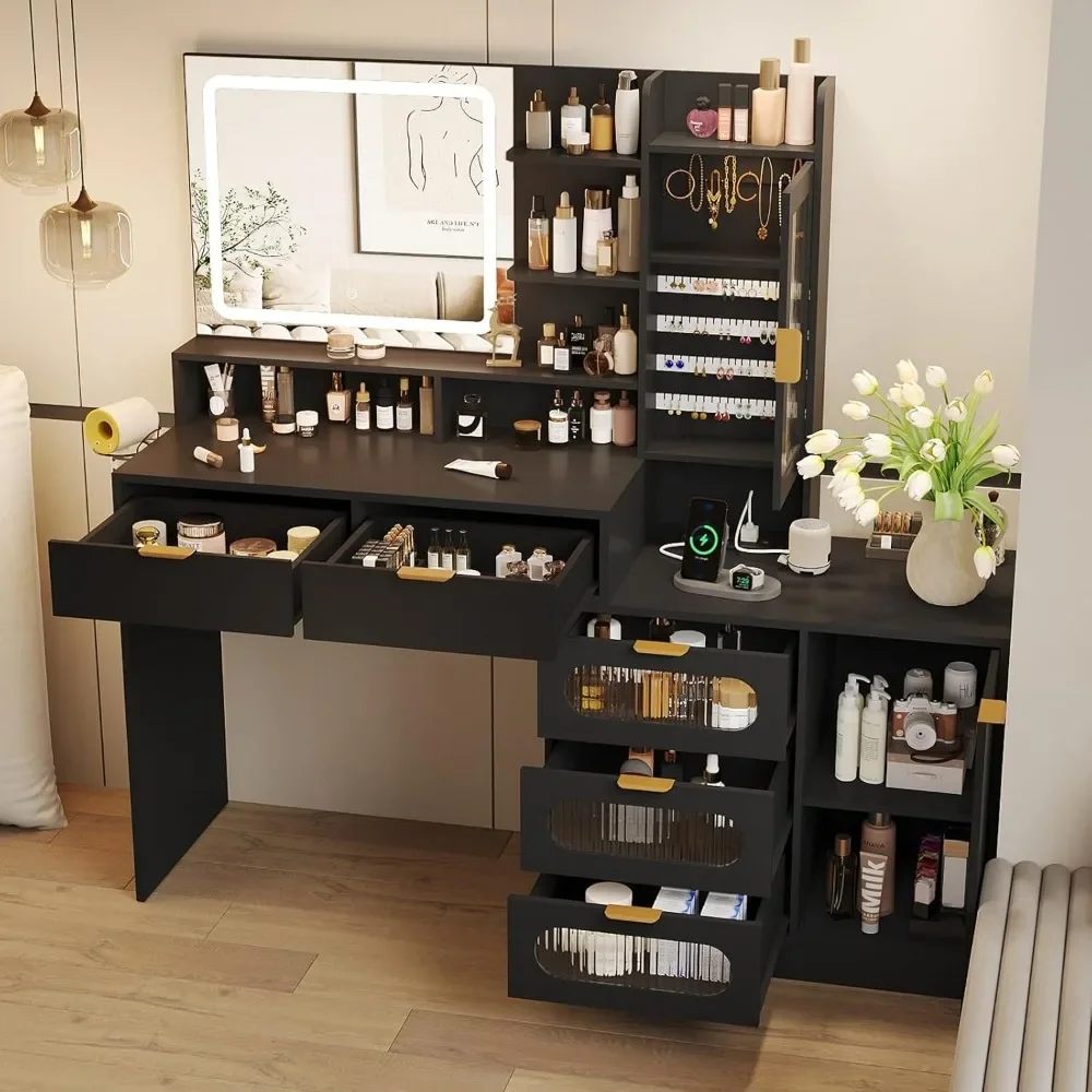 

Vanity Desk with Mirror and Lights,55" Large Makeup Vanity with 5 Drawers & Jewellery Cabinet,Vanity Table with Lots Shelves