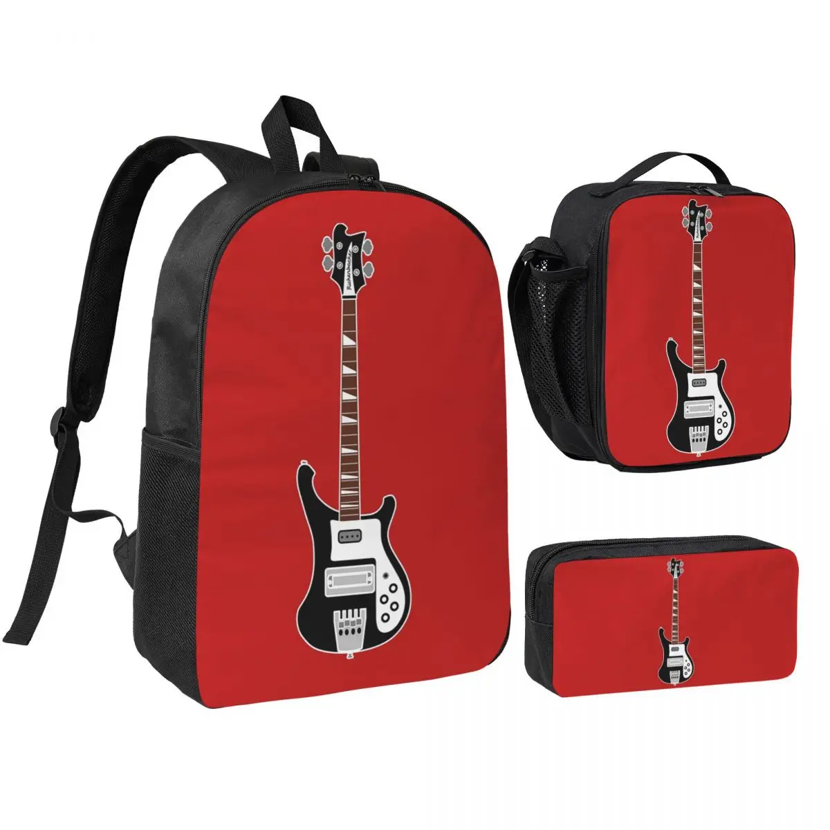 Mochila Escolar com Silhuetas de Guitarra - Baixo Rickenbacker, Conjunto de 3 Peças: Mochila, Bolsa de Ombro e Lancheira Térmica, Estojo para Lápis