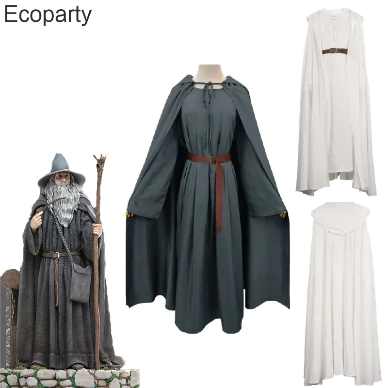 2025 NewHalloweeen Gandalf Cosplay Costume Men Medieval Retro Sorcerer Uniform White Grey Hooded Cloak Suit Carnival Par AA