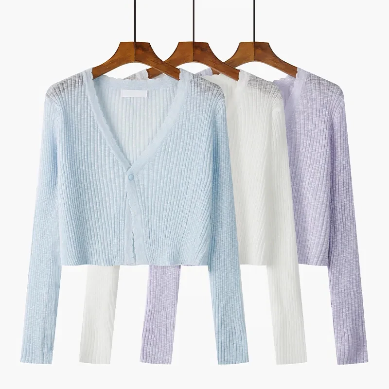 

Летний тонкий вязаный кардиган из ледяного шелка для женщин, солнцезащитный, с V-образным вырезом, длинный рукав, накидка на плечи