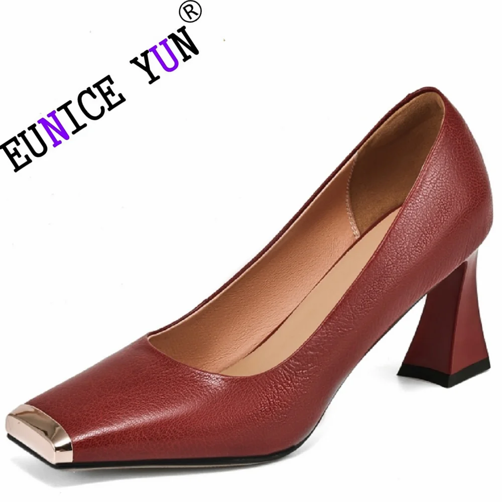 

【EUNICE YUN】Women Brand Genuine leather shoes plus length Cowhide upper Square head stitching fashion casual shoes 34-42