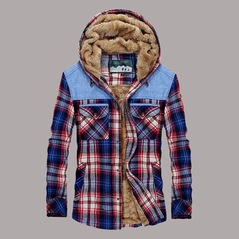 Winter Shirt Men Thick Warm Fleece Shirts Plaid Cotton Men Shirt Long Sleeve Camisa Masculina Plus Size M-XXXL Hooded Shirt Men