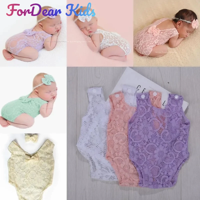 Newborn Photo Props Clothes Lace Hollowed Cute Bow Photographic Decoration Children\'s Jumpsuit