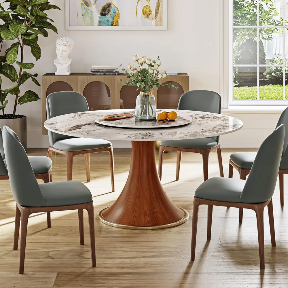 

53" Modern Round Dining Table with Lazy Susan, White Dining Table for 6,with Solid Ash Wood Base, Sintered Stone Dining Table