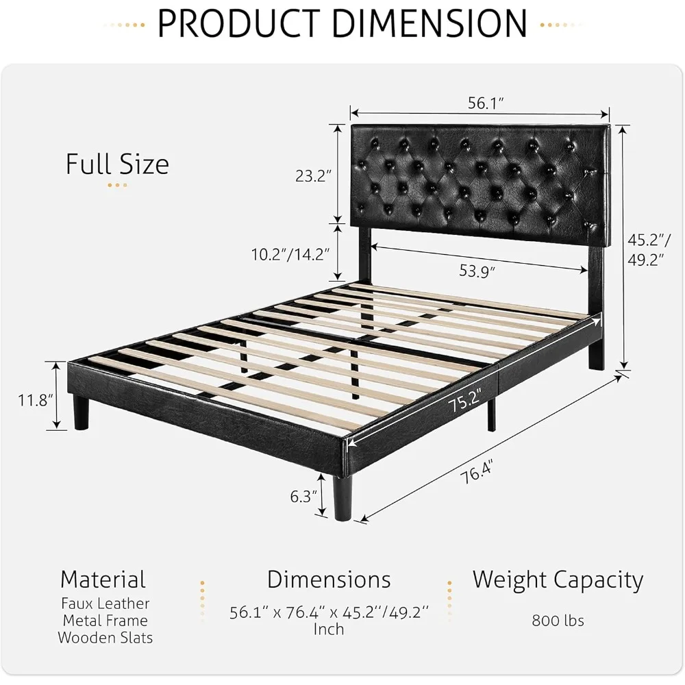 Full Size Platform Bed Frame with Button Tufted Headboard, Faux Leather Mattress Foundation, Wooden Slats