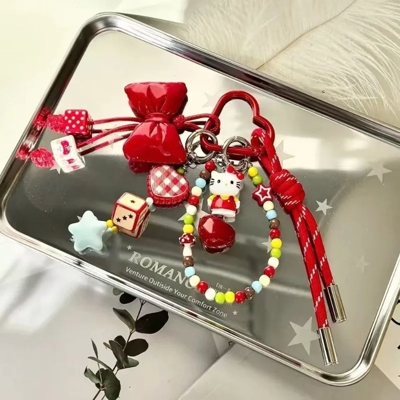 Kawaii Hello Kitty Gantungan Kunci Manik-manik Warna-warni Kartun KT Tas Jimat Busur Merah Tali Tenun Gantungan Kunci Wanita Ransel Liontin Hadiah Anak Perempuan