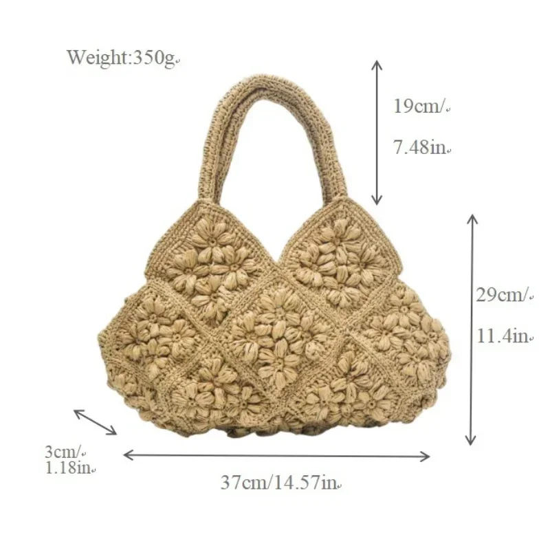 Handgefertigte Strandtasche aus gewebtem Papier, hochwertige 3D-Blumen-Grastasche, große Kapazität, tragbare Urlaubstasche für Frauen am Meer. – Detail 1