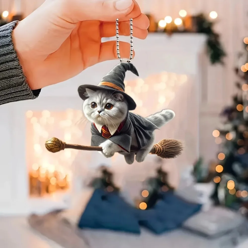 Cute Acrylic Car Hanging Pendant with Lanyard Easy To Hang Rearview Mirror Pendant Animal Magic Flying Cat Keychain Decoration