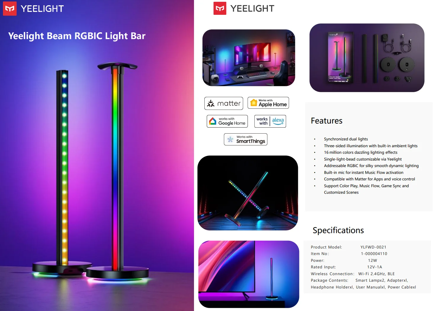 Yeelight Beam RGBIC Light Bar 2Pcs Smart RGB Lamp Color Changing Music Flow Game Sync App Voice Control Gaming Room Desk Decor M