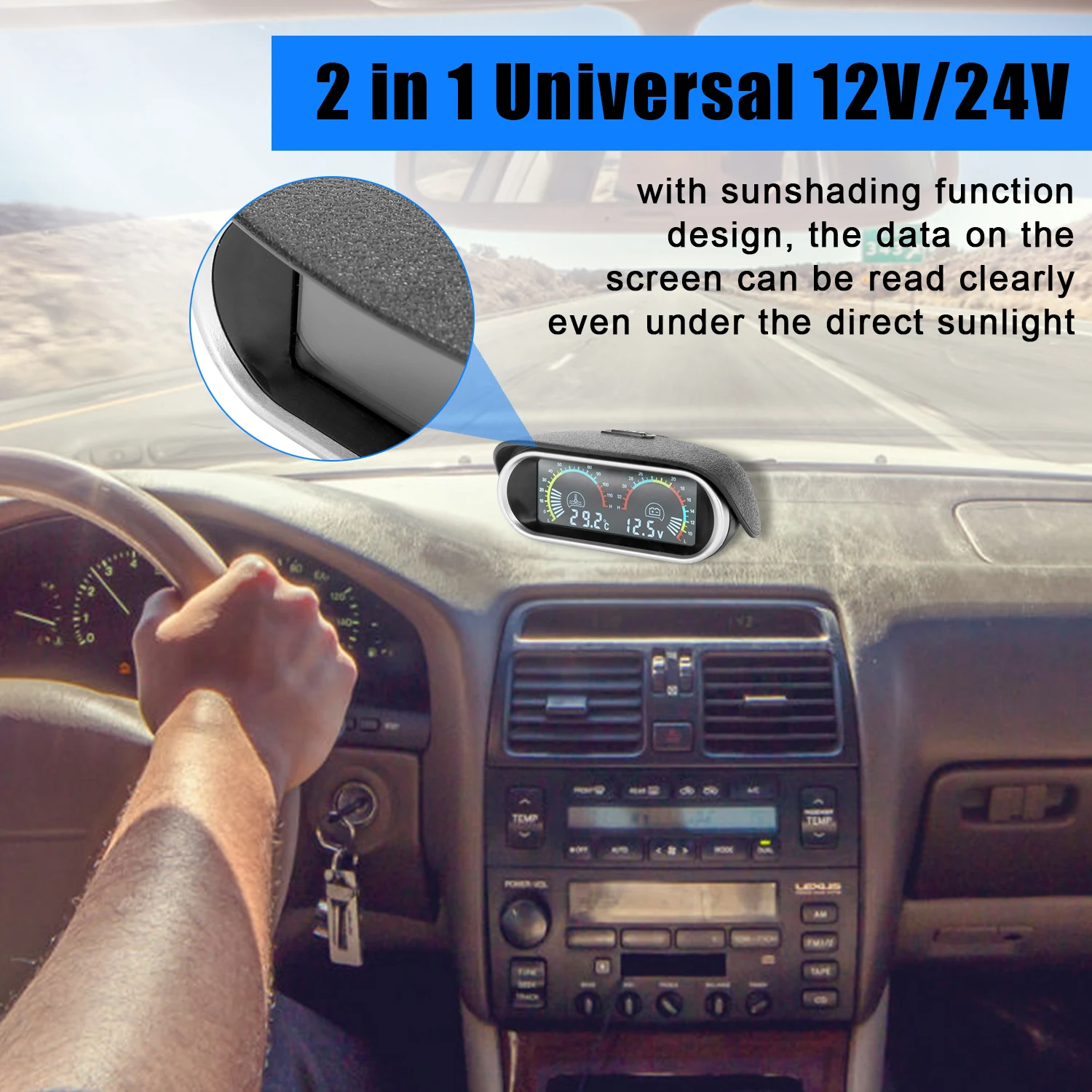 2 في 1 مقياس LCD السائل الكريستال سيارة الرقمية مقياس أفقي درجة حرارة الماء والجهد مقياس رقمي #6