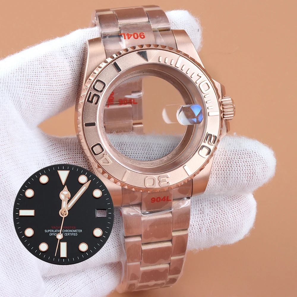

Rose Gold 40mm Fit YACHT-MASTER Sapphire Glass Brushed Oyster Strap For NH35 NH36 NH38 Movement 28.5mm Dial Hands Blue Luminous