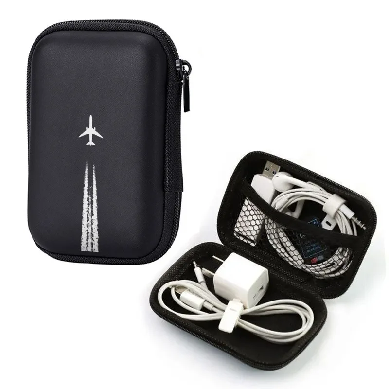 Airplane Print EVA Hard Shell Electronics Organizer Shockproof Portable Cable Bag for Earphone Charger Hard Drive Tech Gadgets