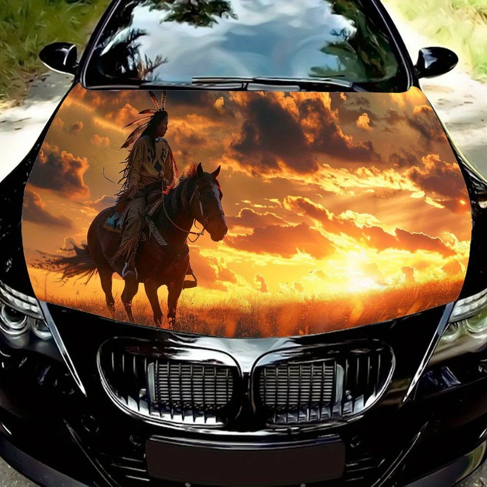 

Indian people riding horses under the orange sunset PVC Car Vinyl Wraps, Self-Adhesive Waterproof Car Hood Decal Sticker, Car De