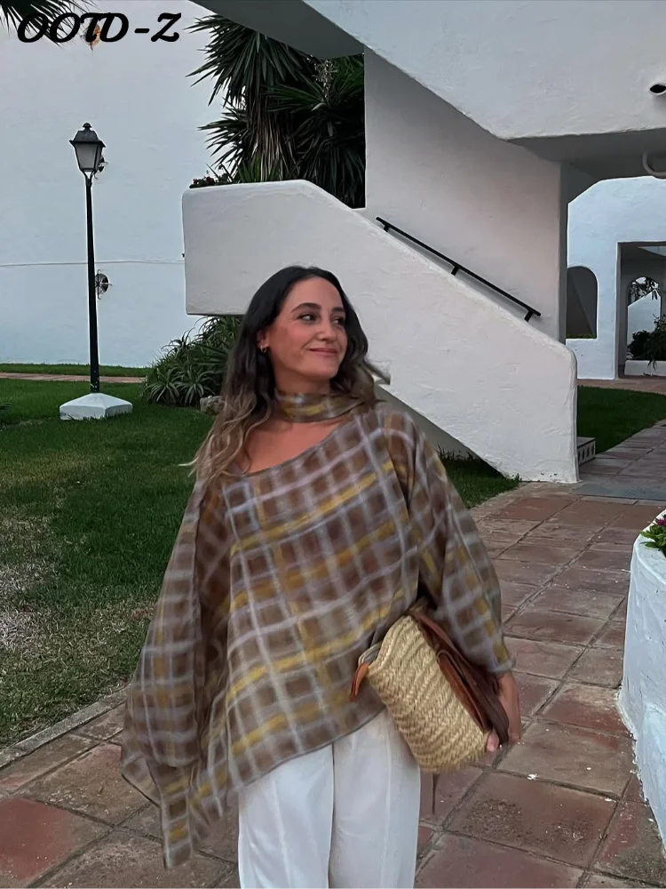 Bufanda a cuadros elegante para mujer, camisa informal que combina con todo con hombros descubiertos, Top holgado con contraste fluido, Tops elegantes para mujer 2025