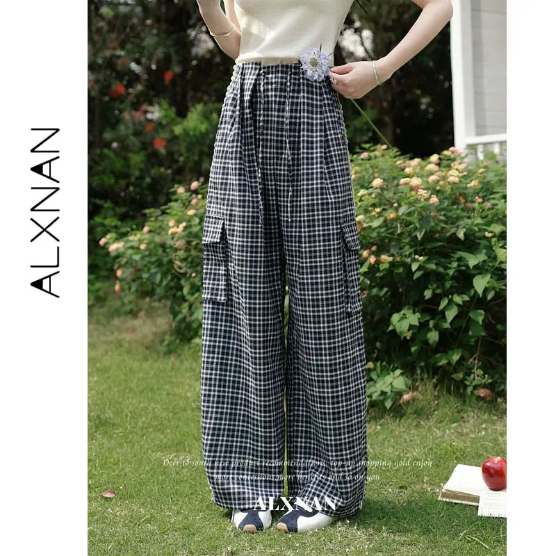 

ALXNAN Women Wide Leg Pants Plaid Cargo Drawstring High Waist Summer Thin Draped Slim Casual Female Trousers 2026 New L65038