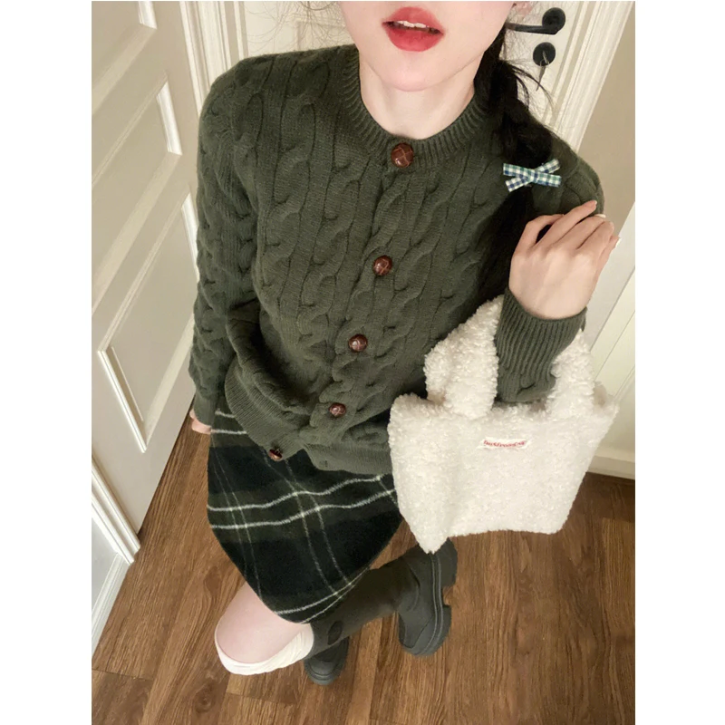 Korobov Dark Green Twist Cardigans Vintage Single-breasted Sweater O Neck Knitting Autumn Winter Clothes Women New In Thick Coat