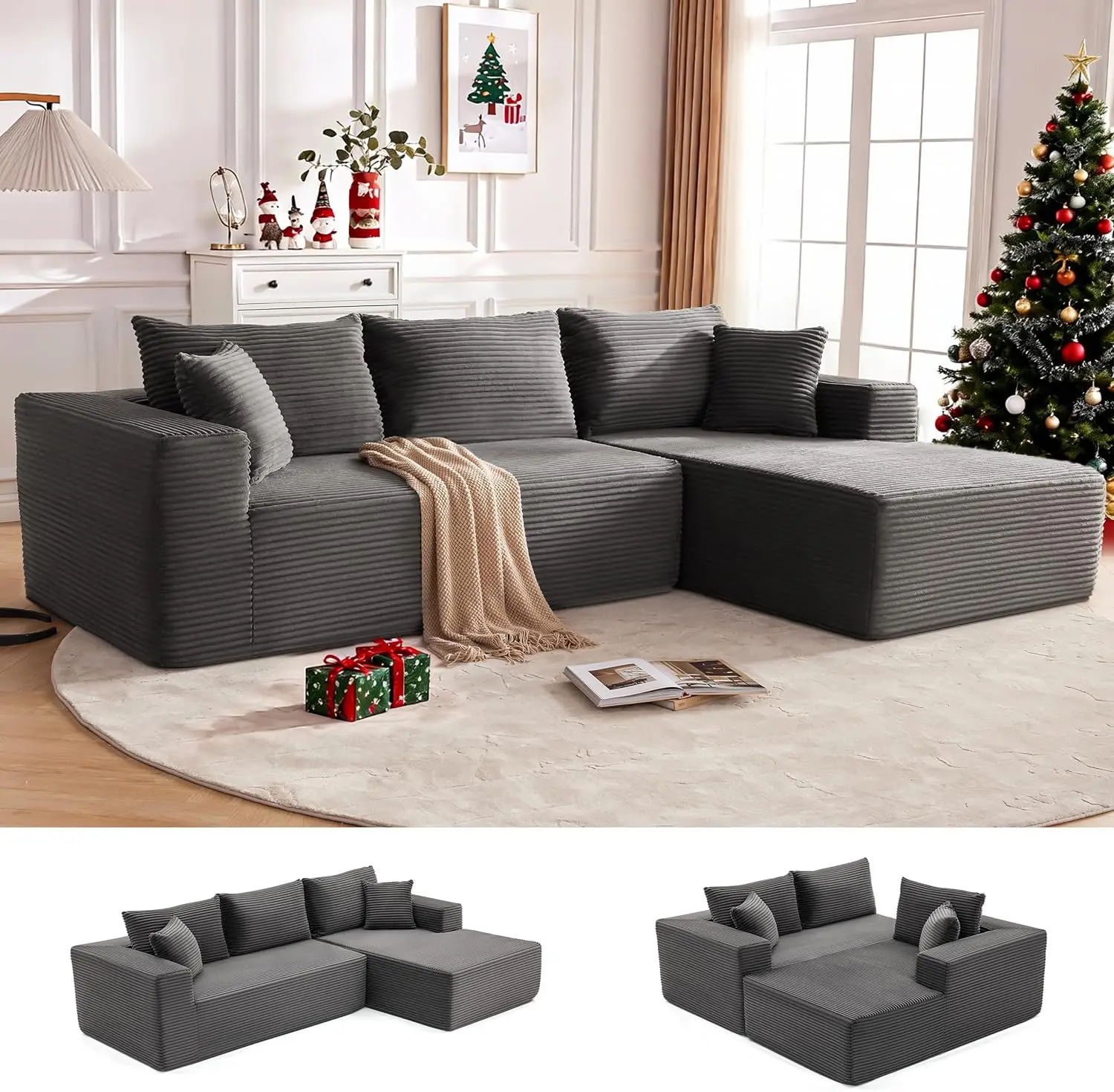 Sofá Modular Seccional de 110 polegadas, Assento Profundo, Fluffy, em Forma de L, Chaise para Sala de Estar, Cinza Escuro, Personalizado