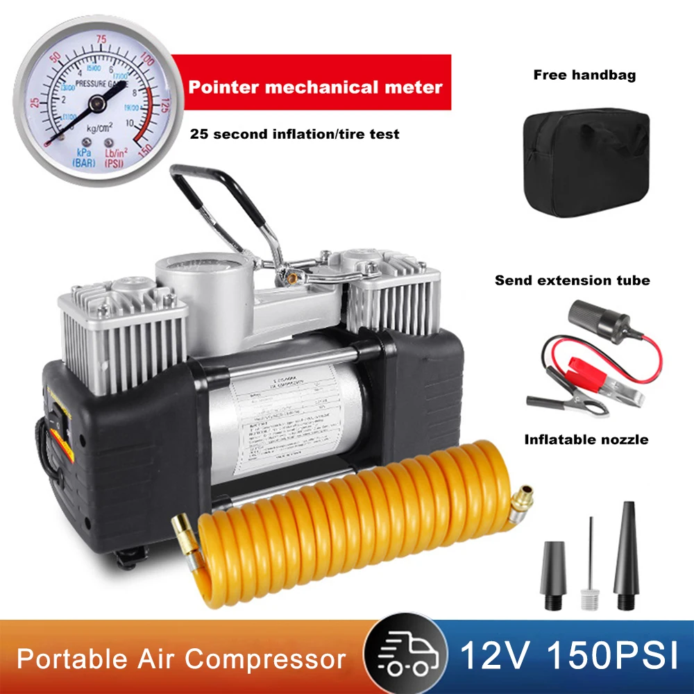 12V 150PSI Car Electric Air Pump with Pressure Gauge Auto Inflatable Pump Dual Cylinder Heavy Duty Portable Metal Air Compressor