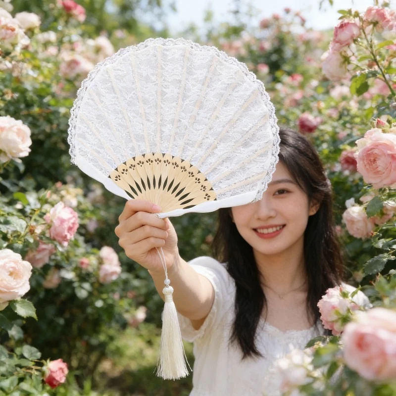 Lace Folding Fan Bamboo Fan for Bridesmaid Wedding Cheongsam Dance Catwalk Show Handheld Decorative Fan