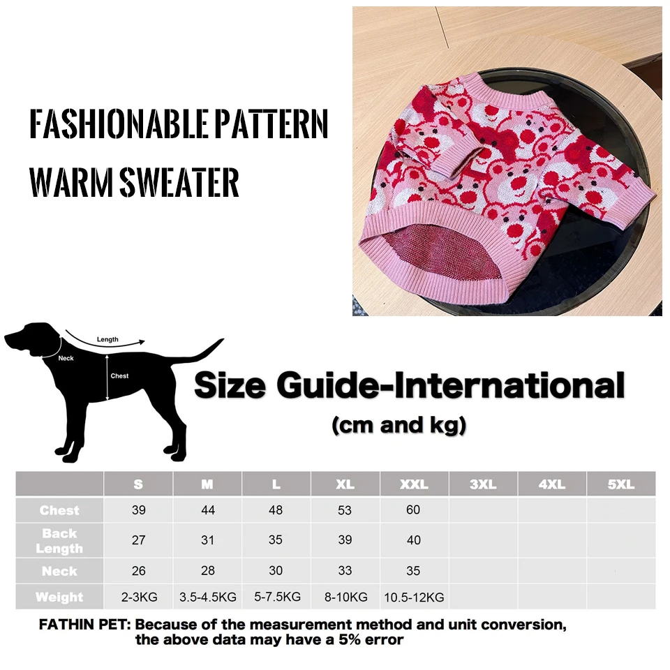 FATHIN Dog Pink Bear Sweater Pet Knitted Vest Dog Designer Winter Warm Clothes for French Bulldog Small Medium Large Dogs Cats