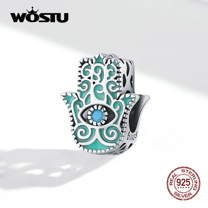 WOSTU 925 Sterling Silver Green fatimide Eye Retro Palm Hollow Footprint Charm Beads Fit bracciale originale gioielli fai da te CTC510