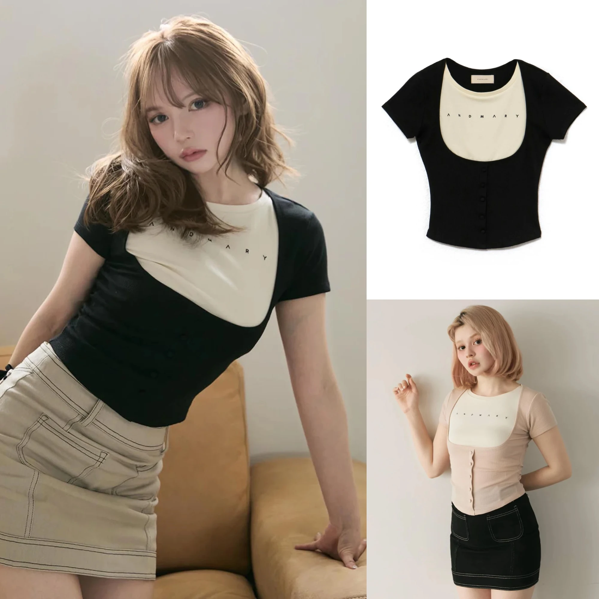 Vento giapponese 2025 Nuova estate Colorblock Manica corta T-shirt O-Collo Slim T-shirt Hot Chick Ricamo Lettere Vita alta Crop Top