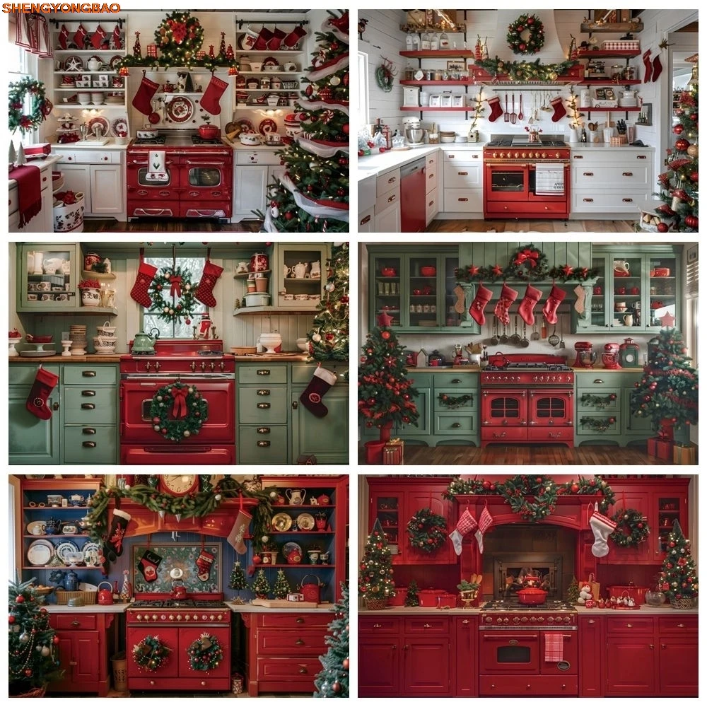 

Christmas Kitchen Scene Backdrop Kitchenware Wreath Socks Xmas Decor Family Party Photography Background Photostudio Photo Props