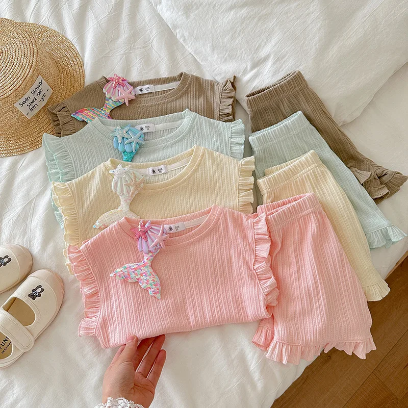 

Girls' Summer Suit2026Sleeveless vest and shorts two-piece set, jacquard, breathable cotton, stylish princess style