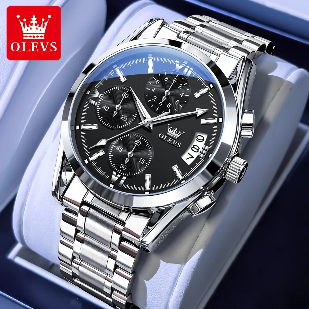 OLEVS Men Watches Casual Fashion Solid Stainless Steel Strap Original Quartz Watch for Man Waterproof Luminous Date Chronograph