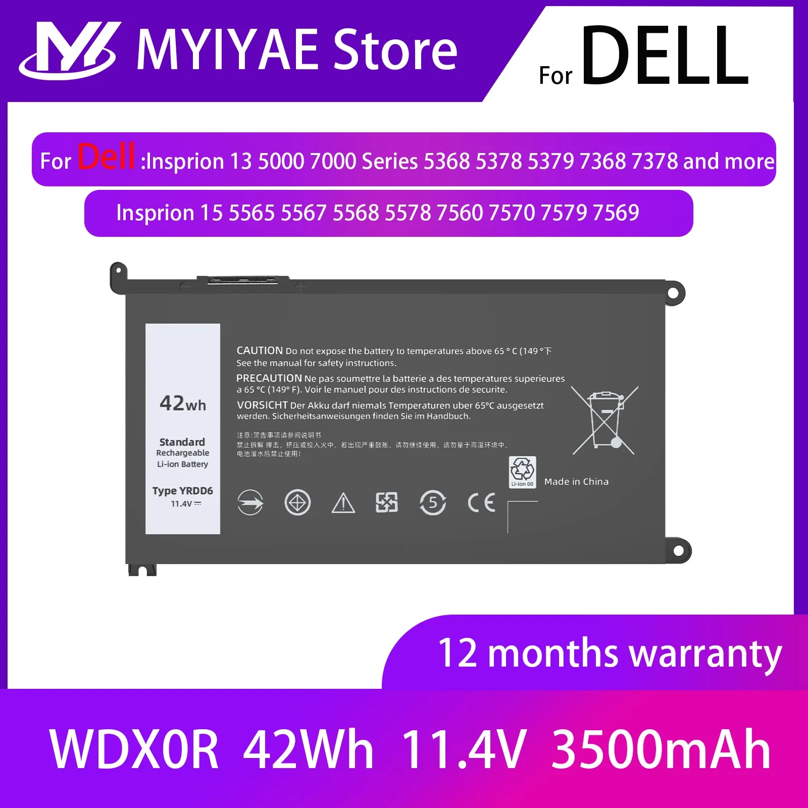 

Laptop Battery WDX0R for DELL Battery Inspiron 13 14 15 5000 7000 Series 5565 5567 Vostro 5468 Latitude Series Notebook 42Wh